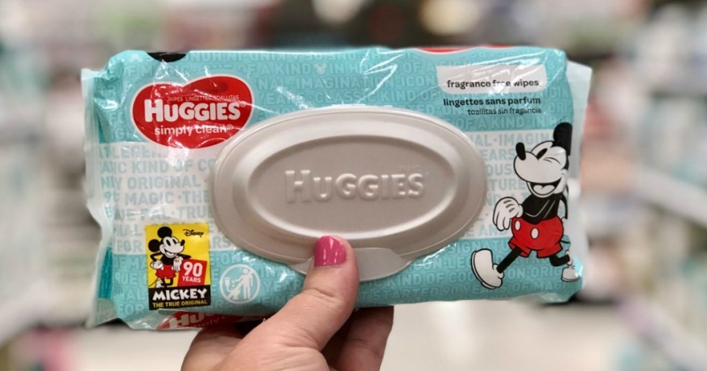 Single package of Huggies fragrance-free baby wipes being held
