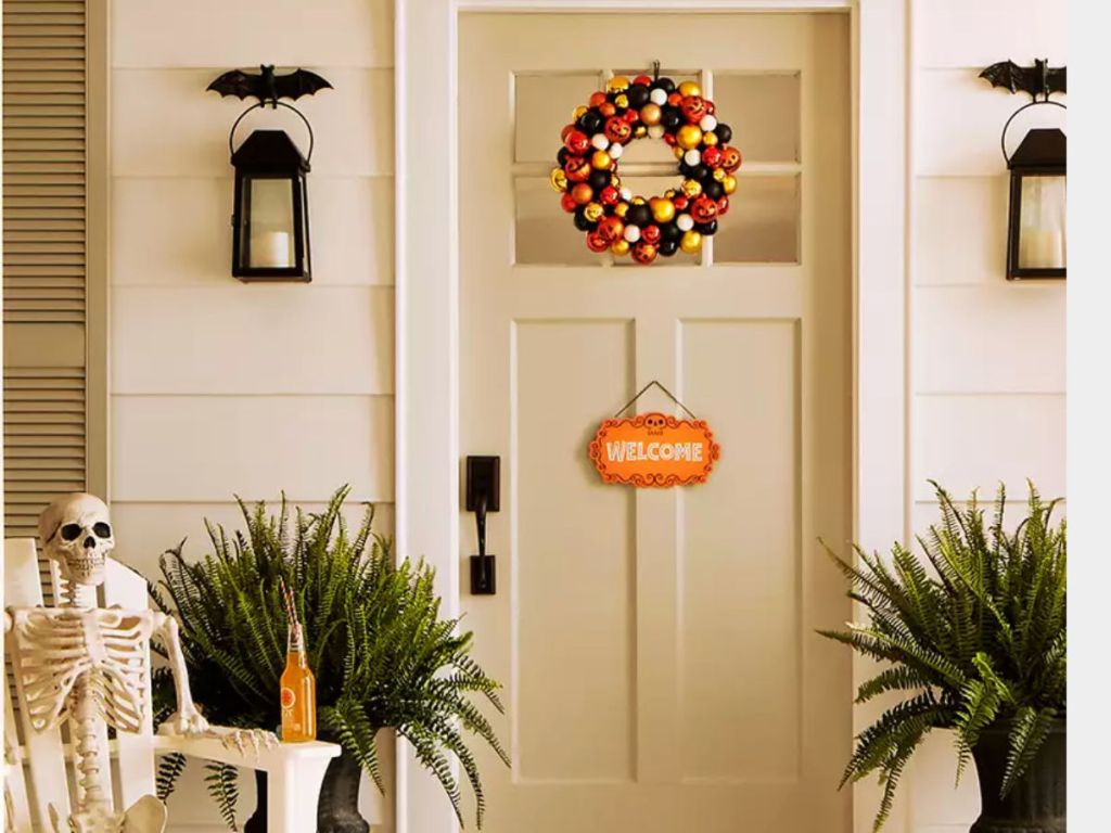 front door with Hyde and Eek! Boutique Halloween Jack-O-Lantern Decorative Wreath