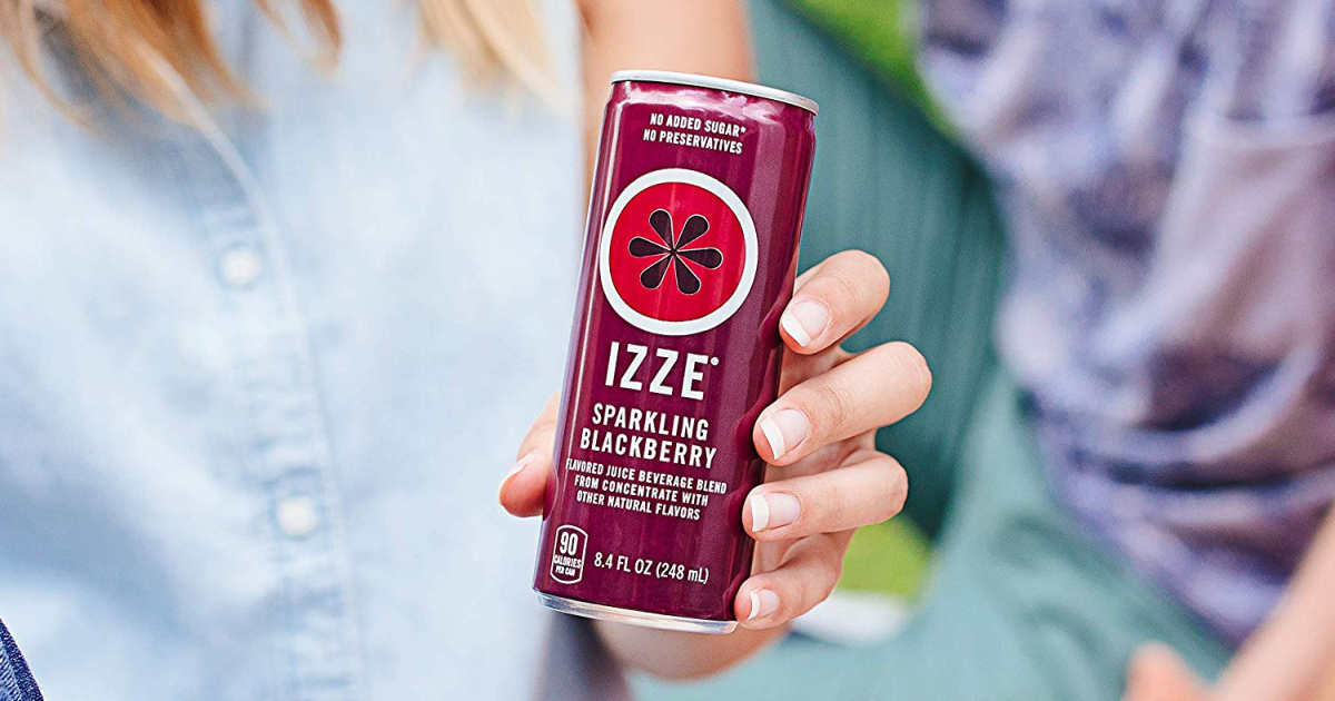 izze sparkling blackberry juice can being held