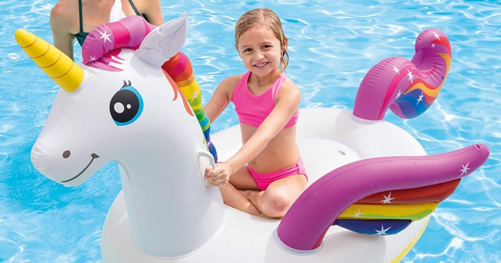 Intex Unicorn Inflatable Ride-On Pool Float with little girl
