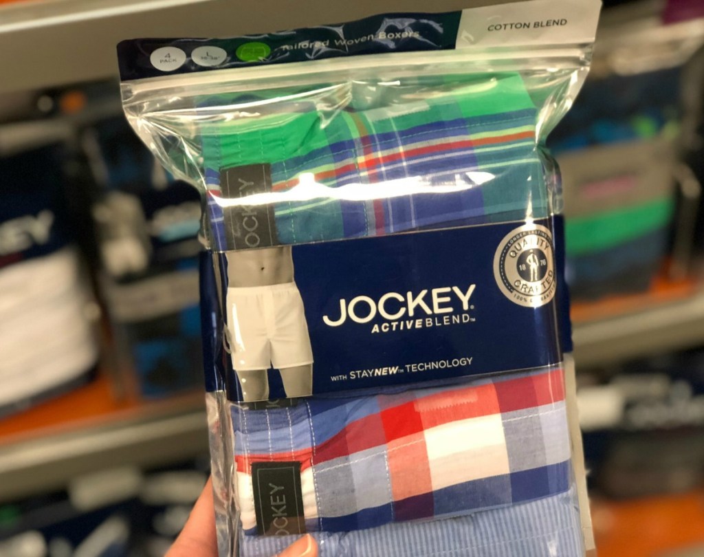 Four pairs of men's boxers from Jockey in package at store in Macy's
