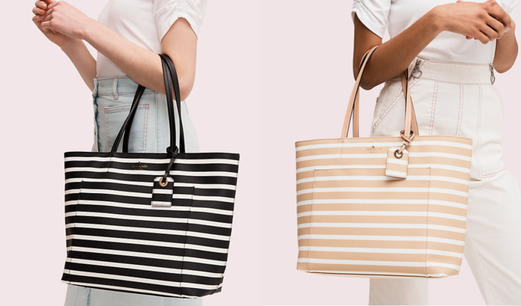 Kate Spade Hyde Lane Riley Shoulder Bag in black and white stripes and camel and cream stripes being held by two women