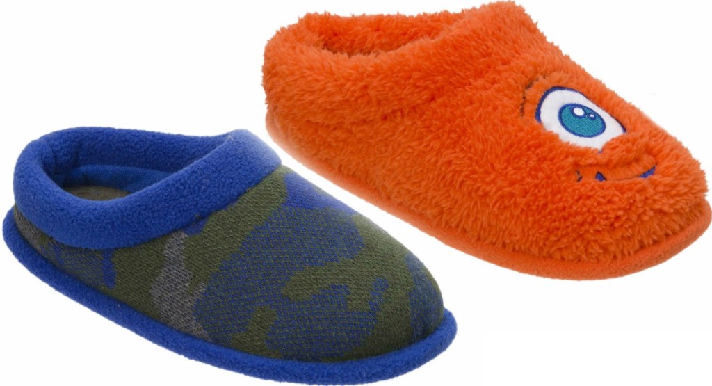 Two fun styles of kids slide-on slippers from Dearfoams