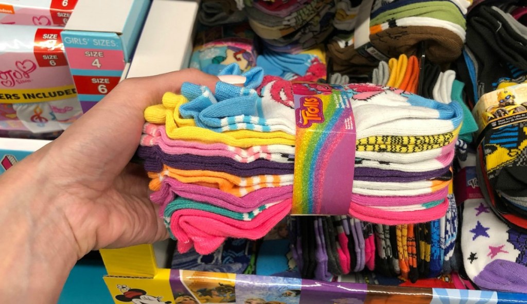 Troll-themed 8-pack kids socks in package at ALDI 