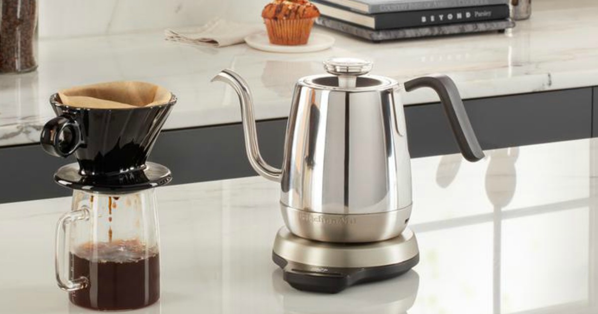 KitchenAid Precision Gooseneck Digital Kettle with Alarm on counter with coffee pour over
