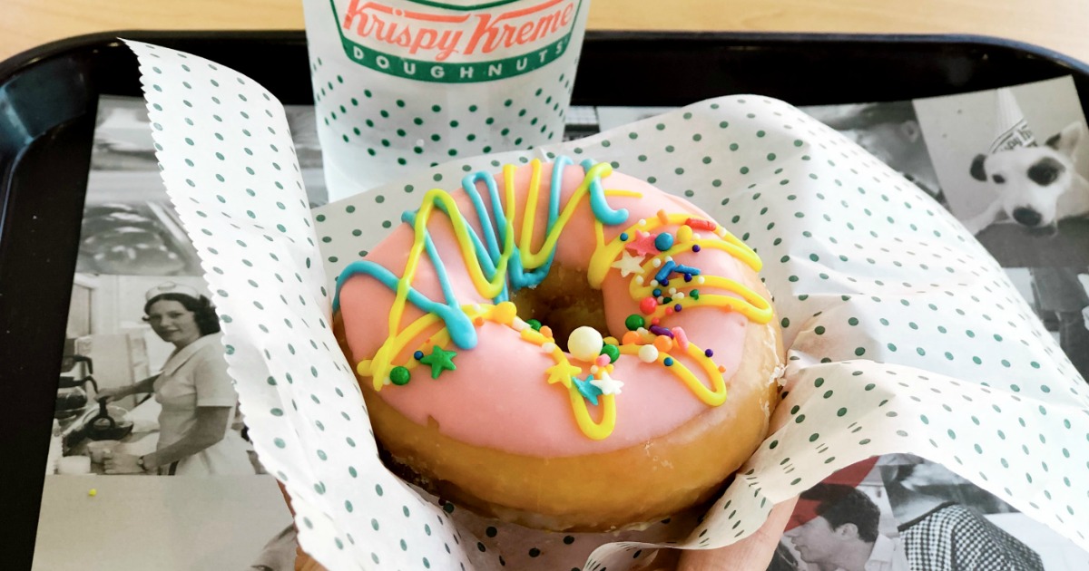 Tray with Krispy Kreme Original Filled Birthday Batter Doughnut and drink