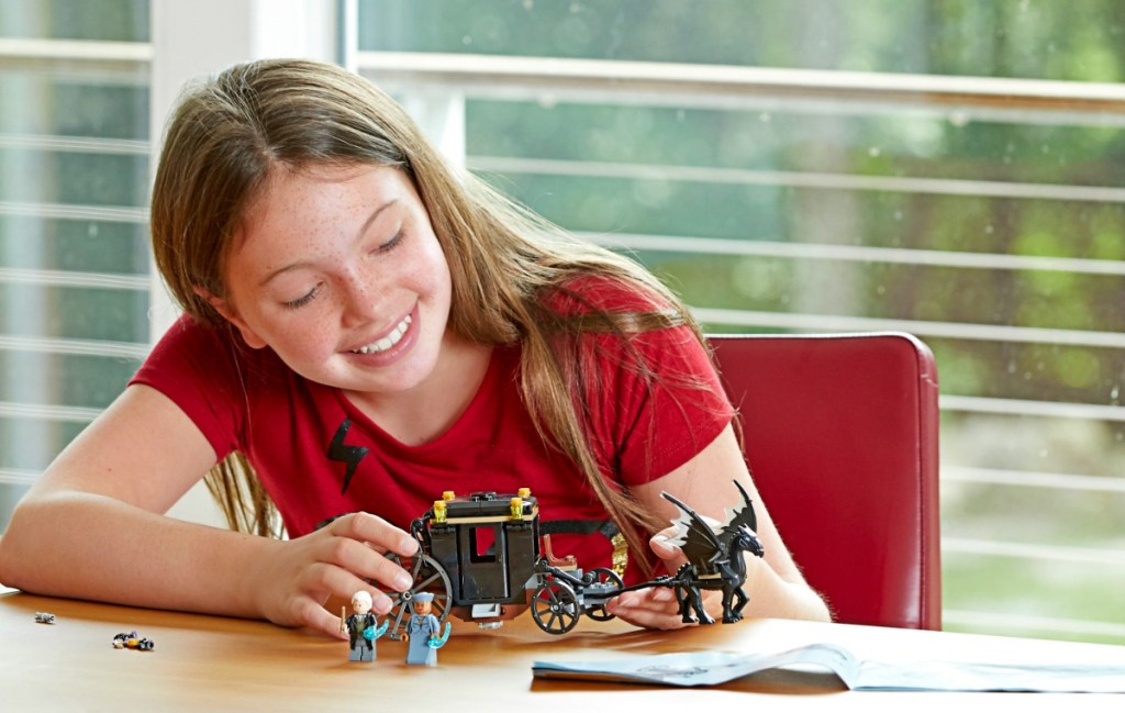 Girl in red shirt playing with a LEGO set