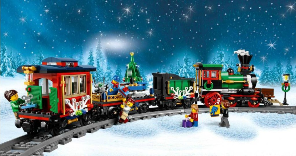 Lego Creators Holiday Train built with winter background