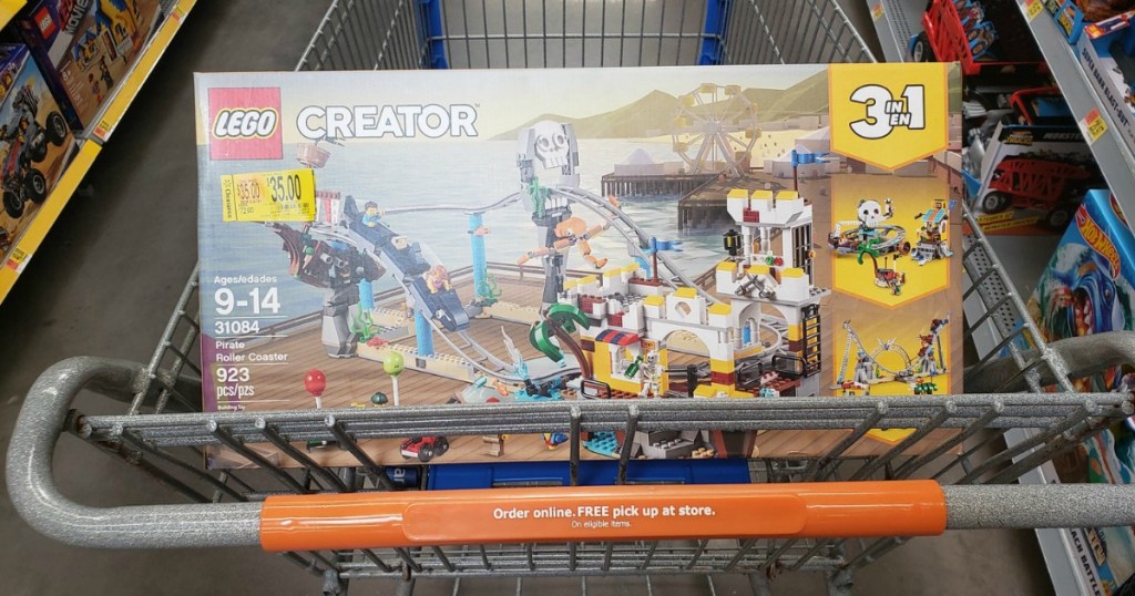 A Pirate Roller Coaster LEGO set in Walmart in the cart