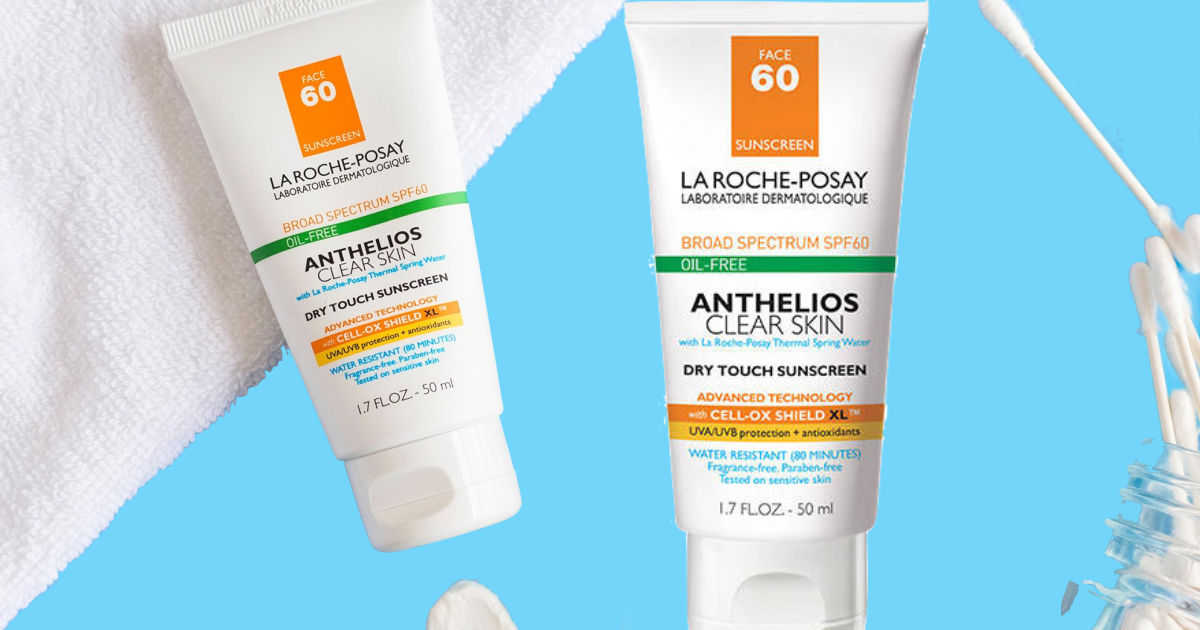 two bottles of La Roche-Posay Anthelios Clear Skin Oil-Free Sunscreen SPF 60 with towel and qtips