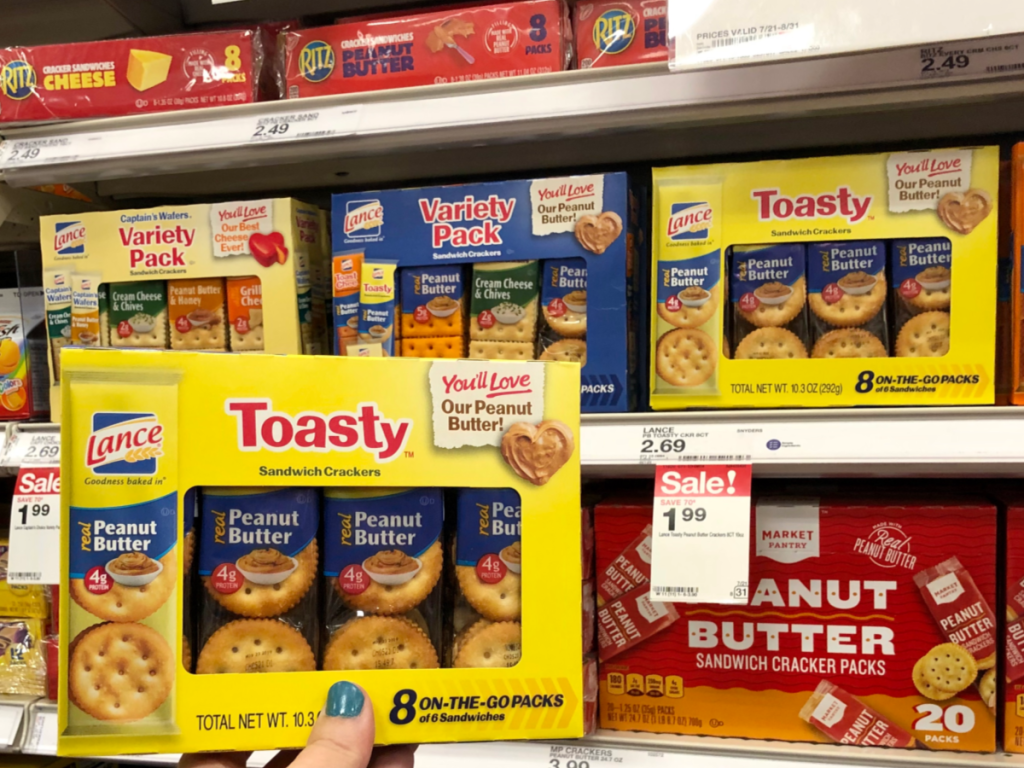 Lance Sandwich Crackers Toasty Real Peanut Butter In aisle of Target with sale tags