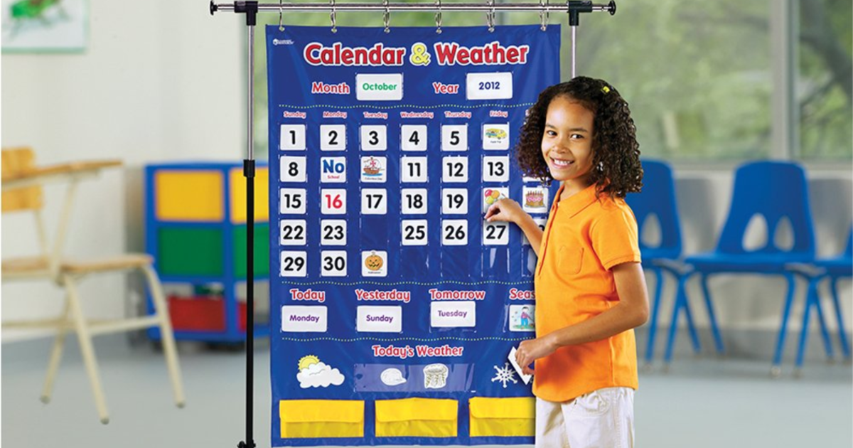 Learning Resources Calendar & Weather Pocket Chart with girl in classroom