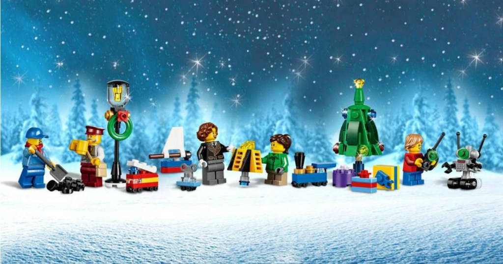 Lego Creators Holiday Train accessories with winter background