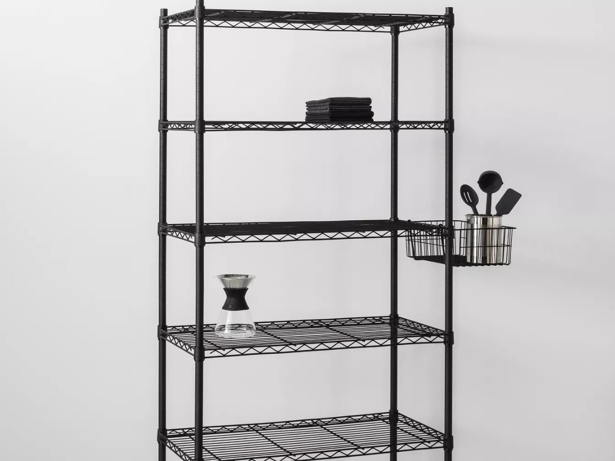 Made By Design 5-Tier Wire Shelving Unit with kitchen utensils and misc kitchen items