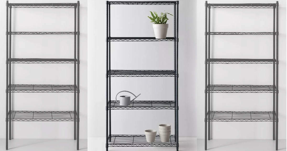 Made By Design 5-Tier Wire Shelving Units with garden things on the shelves
