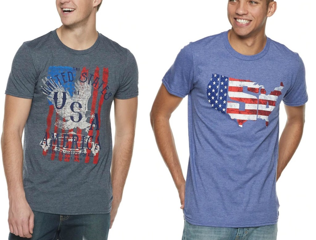 Two men wearing USA-themed graphic tees
