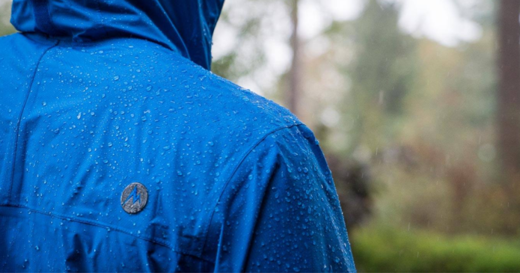 Men's Marmot Rain Jacket in blue with rain