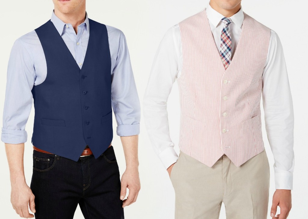 Men wearing various colors of men's vests from Macy's