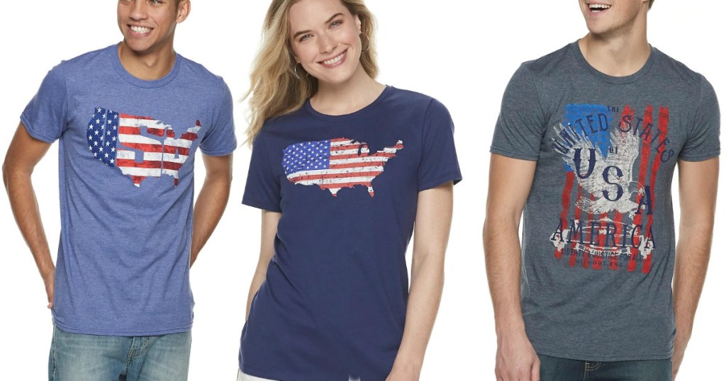 Adults wearing USA-themed graphic tees