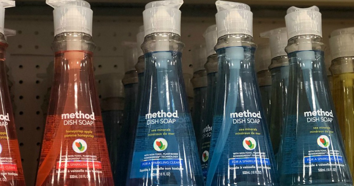 Method Dish Soap on shelf of store seal minerals and honeycrisp apple
