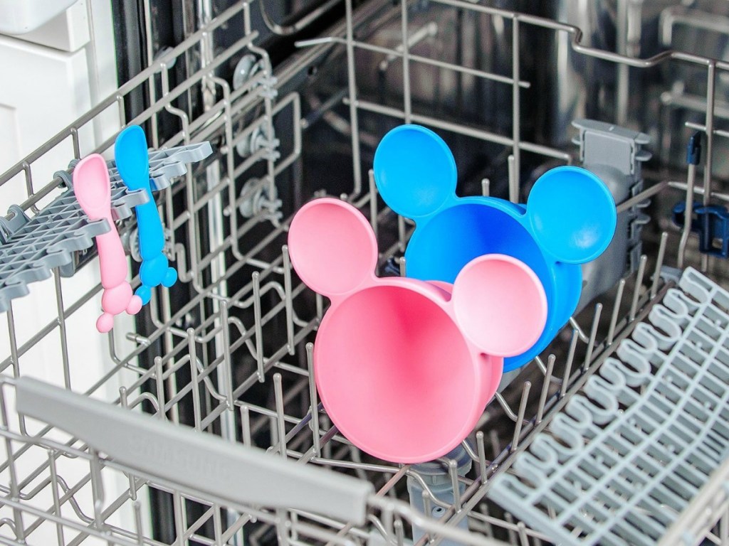 Mickey and Minnie Silicone Bowls in the dishwasher