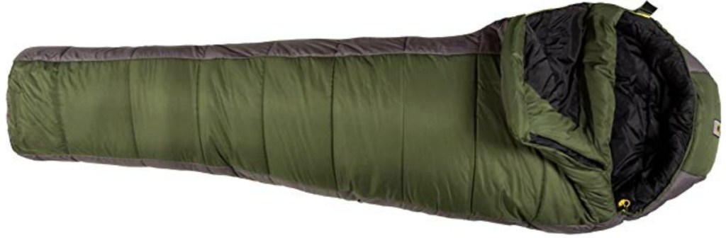 Dark green synthetic sleeping bag on white back