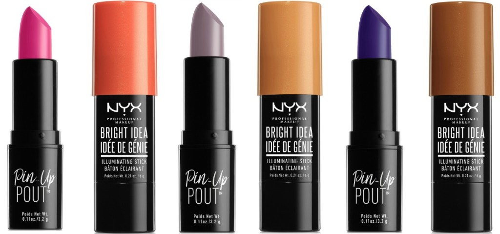 A variety of colors of NYX Pin-Up Lipstick and Bright Idea Highlighter Stick