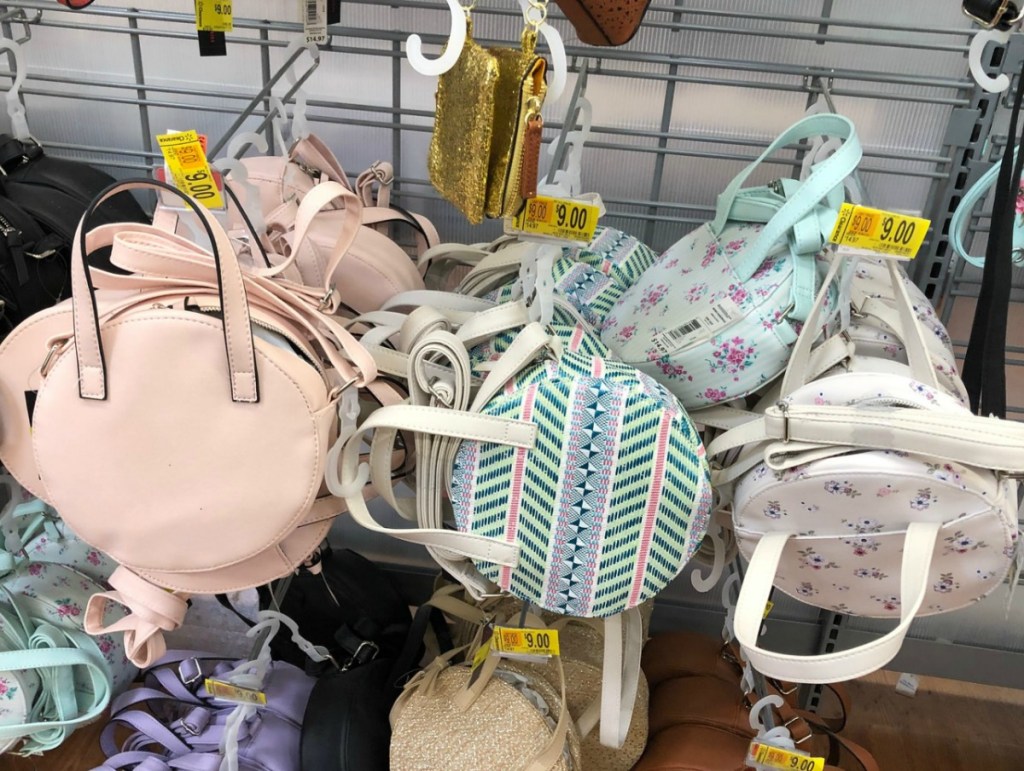 Store display of circular stripped purse