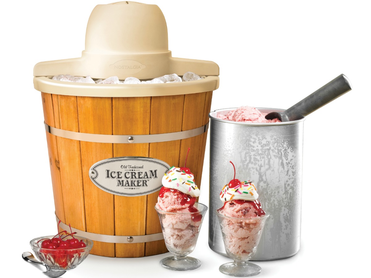 Nostalgia 4-Quart Wood Bucket Electric Ice Cream Maker with sundaes, bowl of cherries and bucket of ice cream