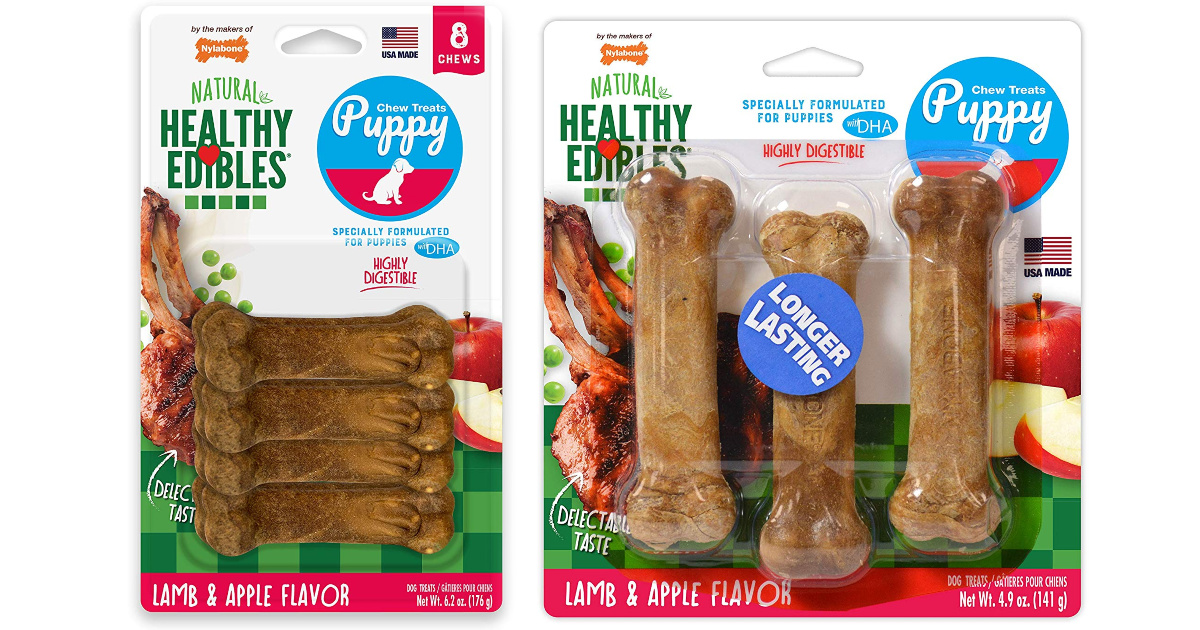 nylabone lamb & apple flavored dog treats in packages