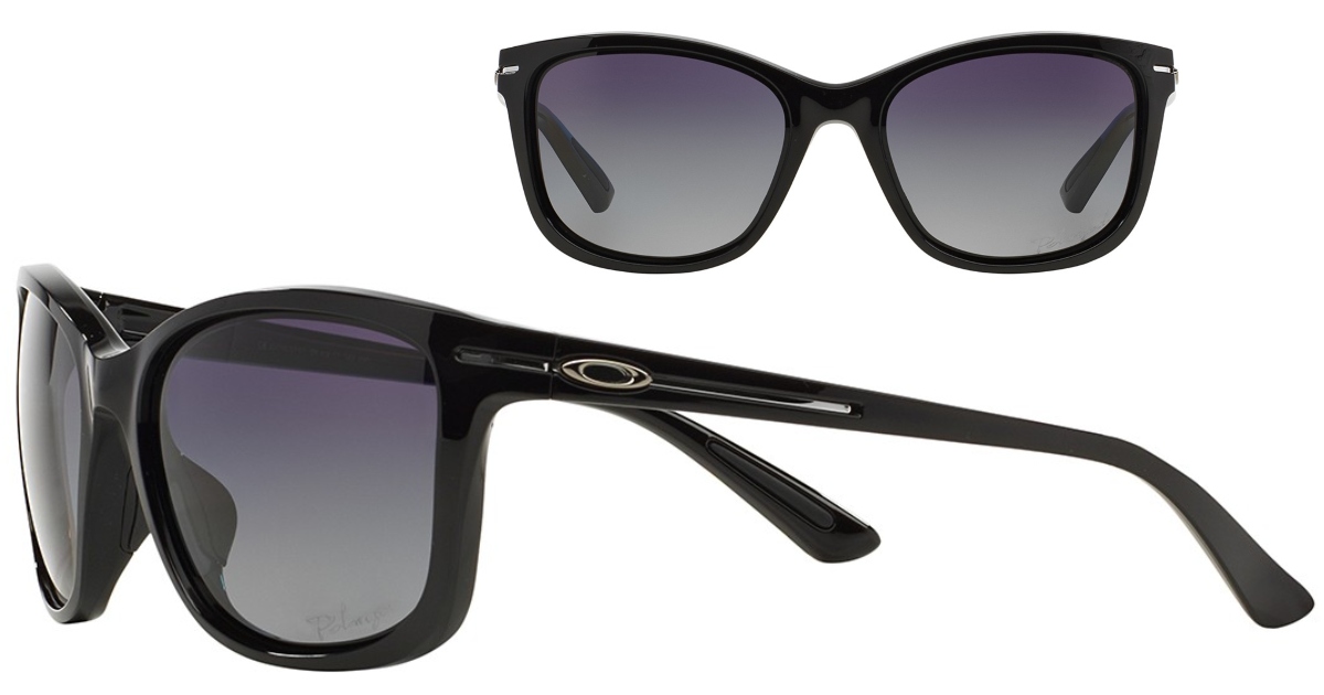 Black Cat eye style Oakley sunglasses. Two pairs. One above is front view, the one below is a side view. 