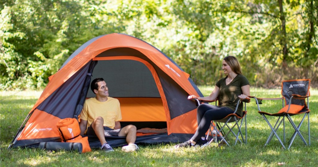 Orange Ozark Trail tent in forest