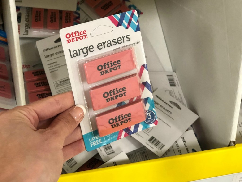 Office Depot Beveled Erasers in front of school bins