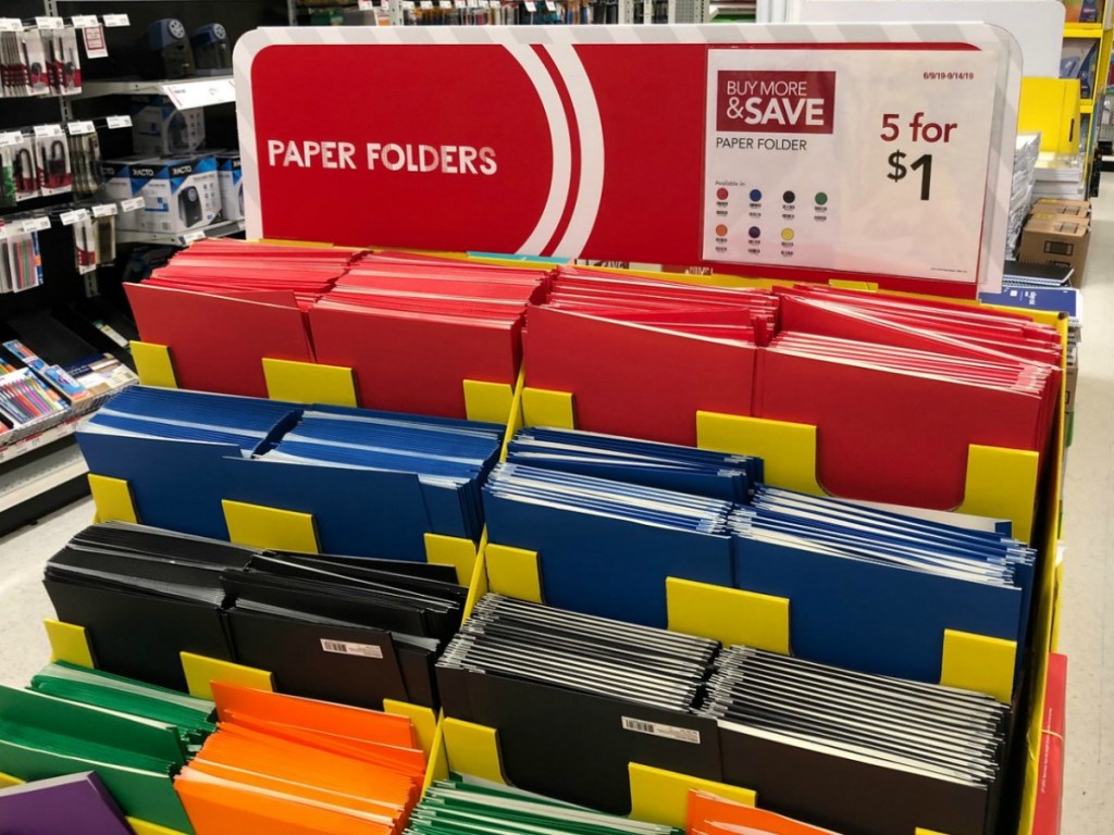 Office Depot Paper Folders stacked in display rack