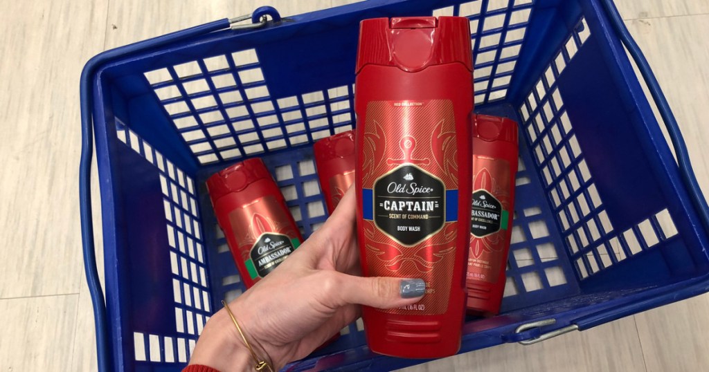 woman holding old spice mens captain body wash