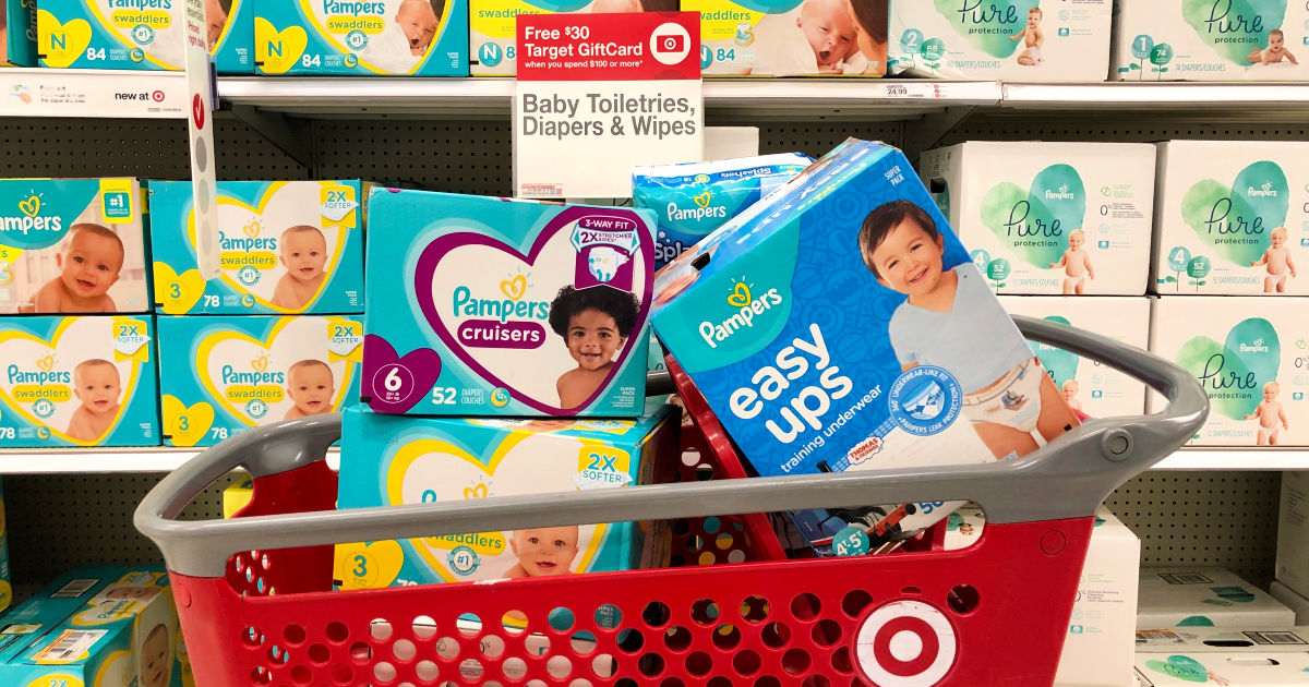 Cart of Pampers in a Target cart with sale sign