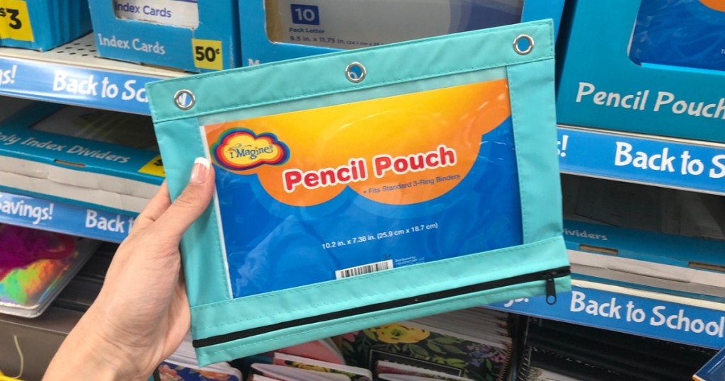 woman holding pencil pouch at dollar general