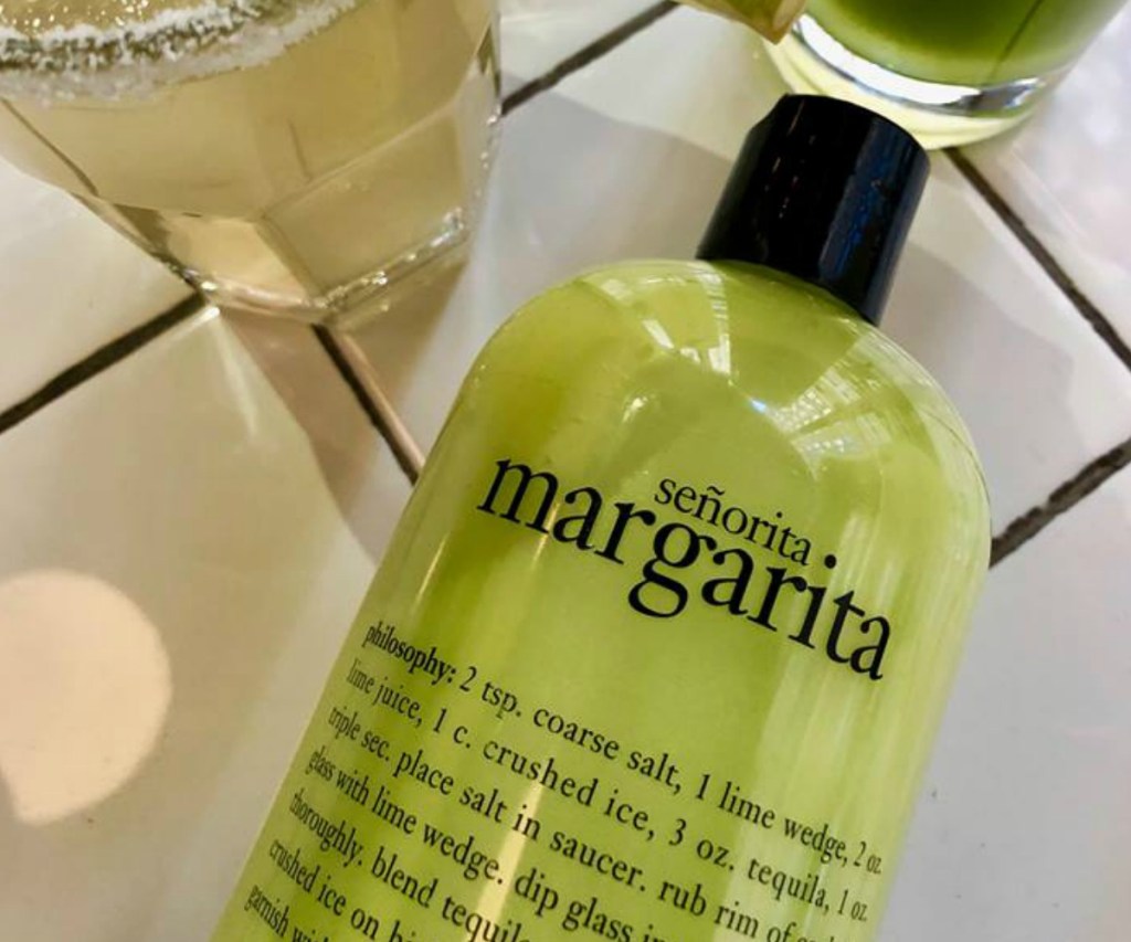 Philosophy Margarita shower gel laying on a counter