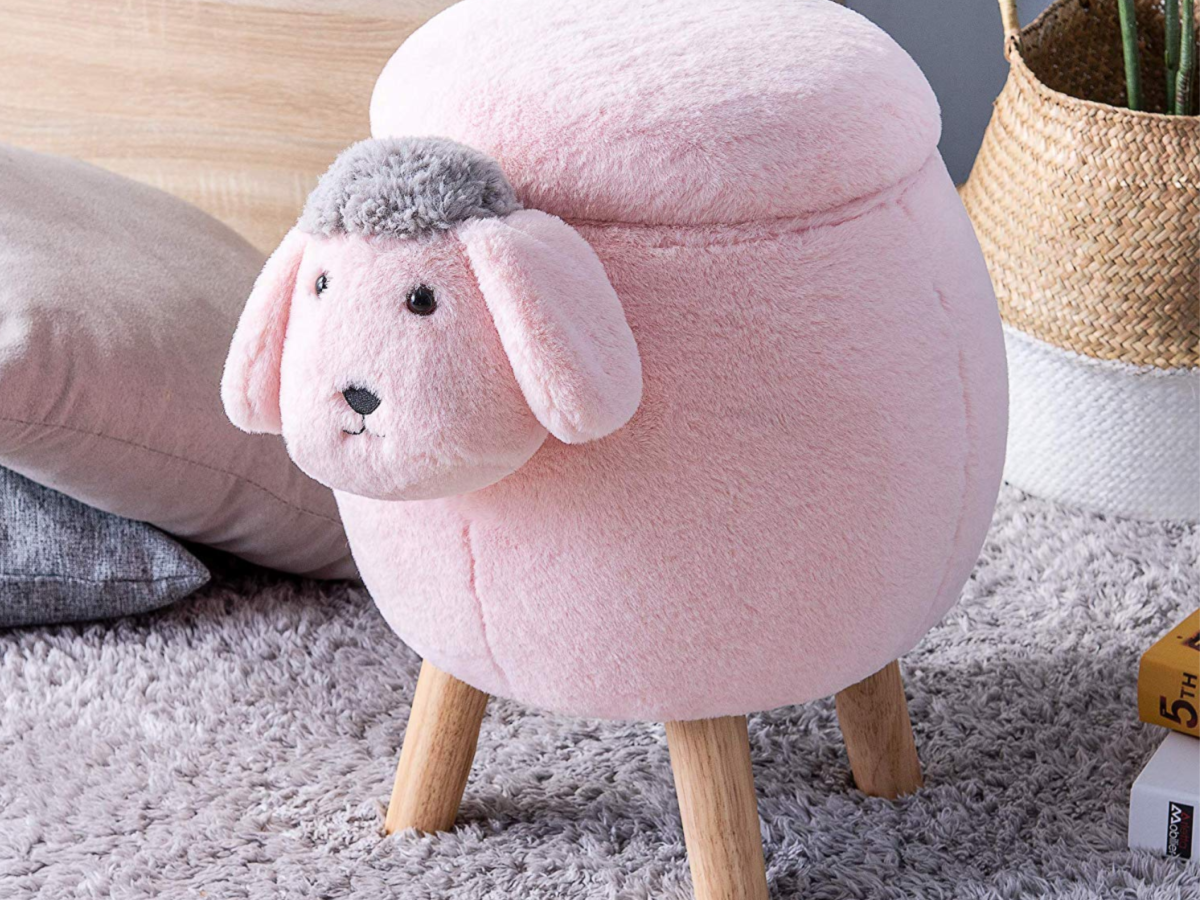 Pink Sheep Animal Storage Ottoman Footrest Stool in room on shaggy purple carpet