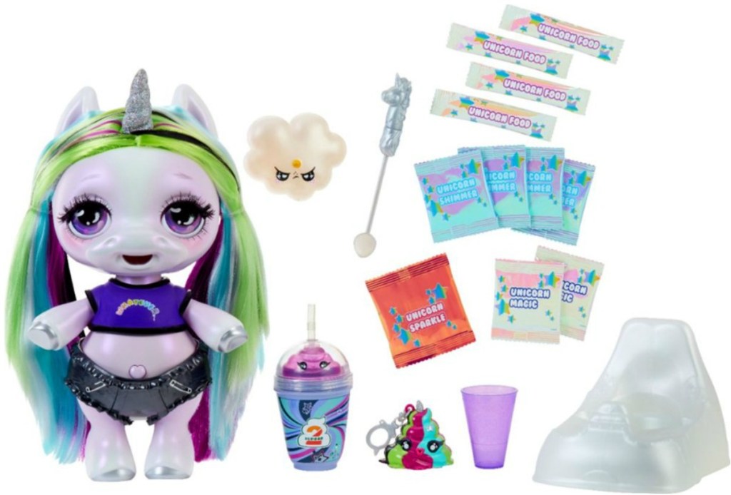 Green and blue haired unicorn doll with slime ingredients