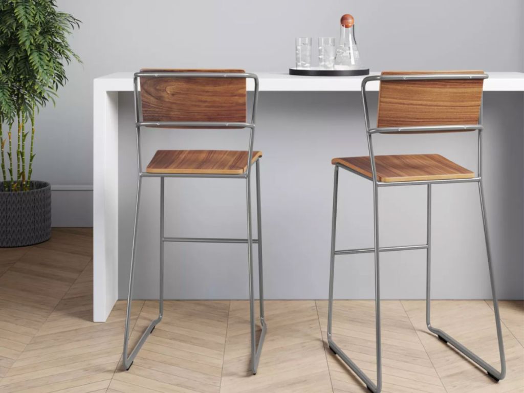 Project 62 Killiam Mixed Material Sled Barstool Wood and Metal Silver Set of 2 with white countertop