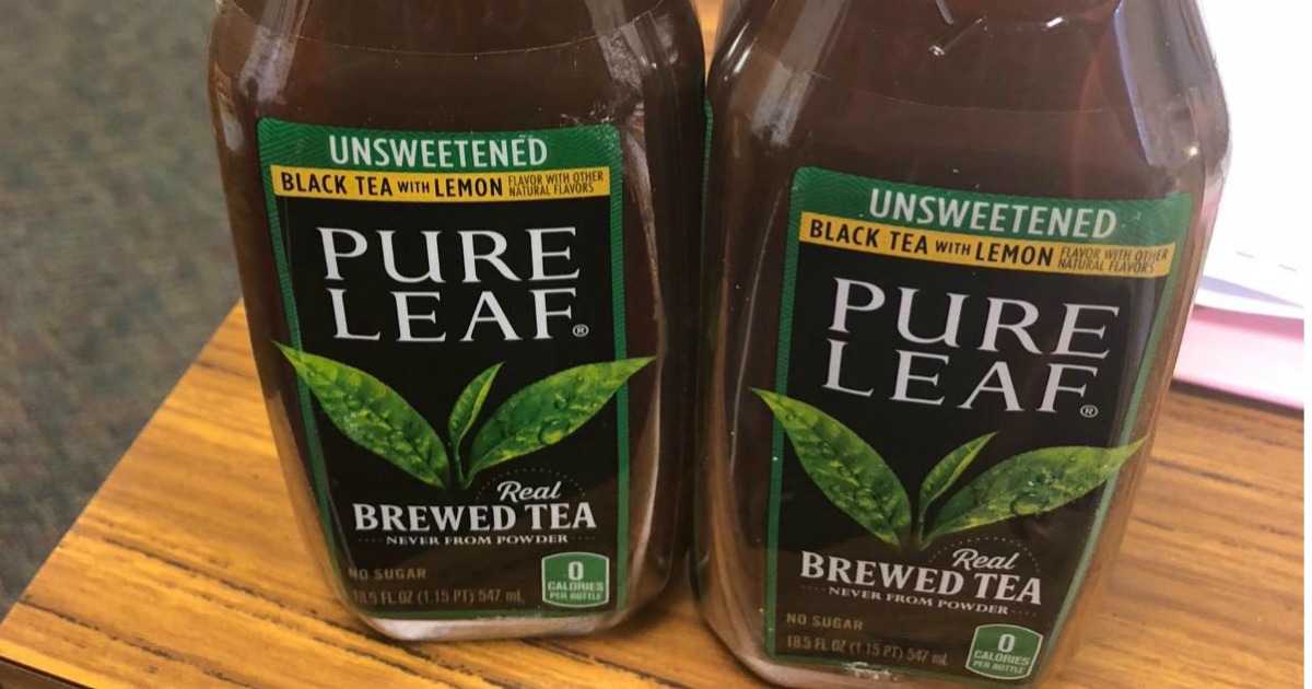2 bottles of Pure Leaf Iced Tea Unsweetened on table