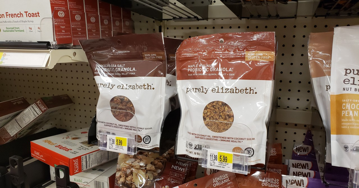 purely elizabeth granola bags hanging on a rack at target