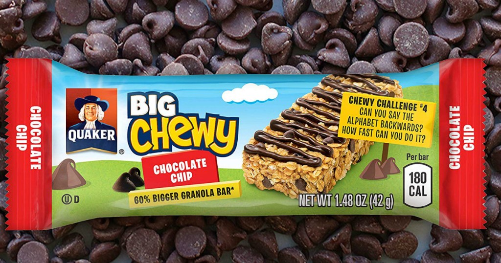 Quaker big chewy granola bar on pile of chocolate chips