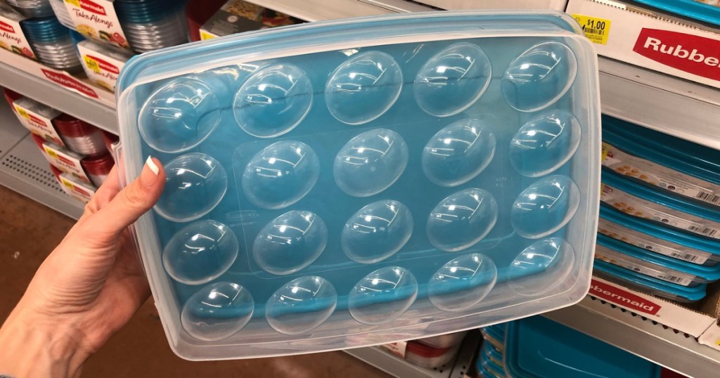 woman holding rubbermaid egg keeper at walmart