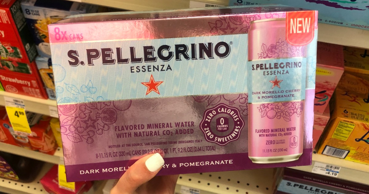 S. Pellegrino Essenza Sparkling Water 8-Pack in CVS being held by woman in aisle
