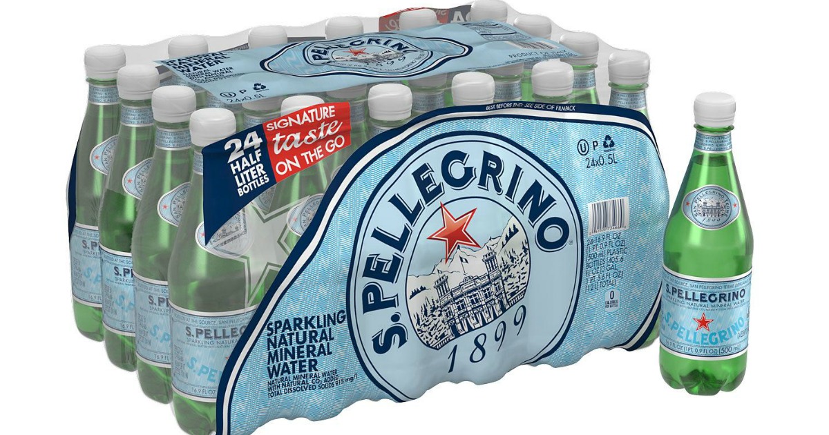 San Pellegrino bottles in a 24-pack and one sitting next to the pack