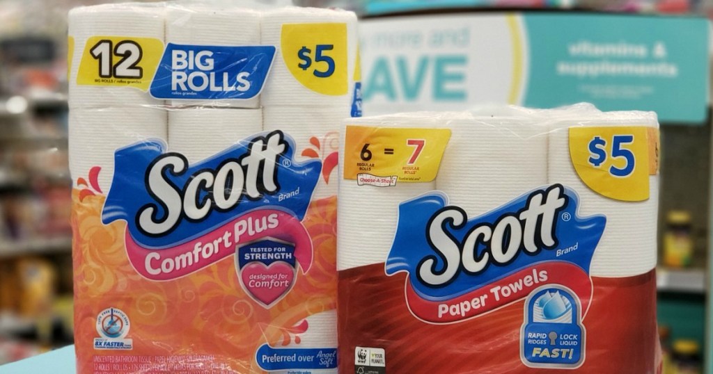 Scott Paper Towels and Toilet Paper on counter at Walgreens