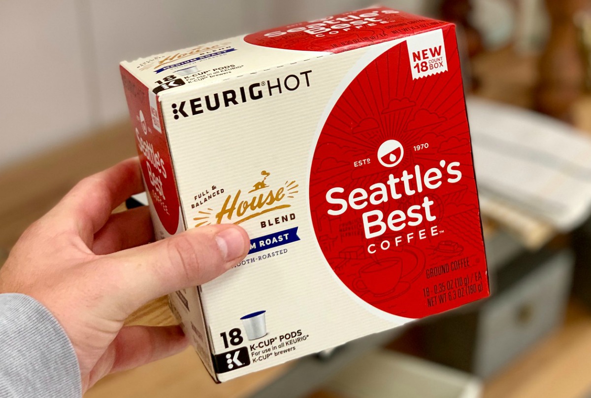 Box of Seattle's Best Coffee K-Cups in hand