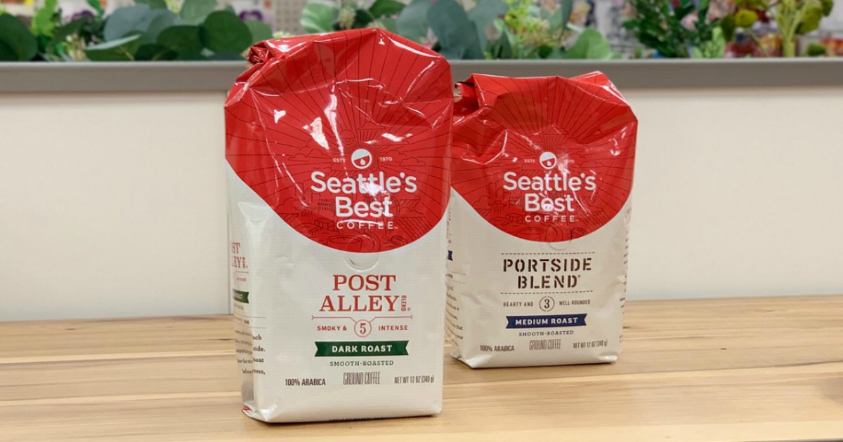 Two 12-ounce packages of Seattle's Best Coffee on counter in Target